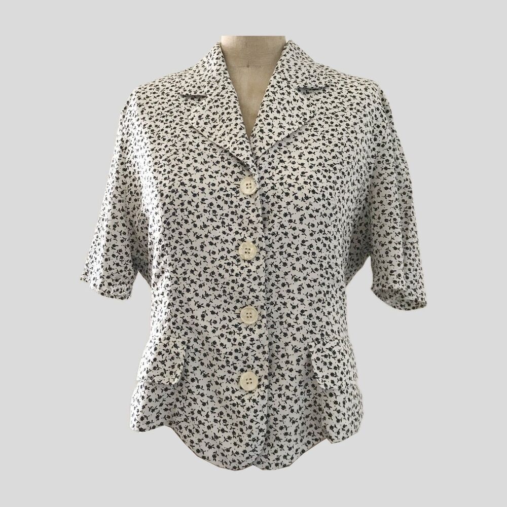 Vintage 1990s Ivory Neutral Ditzy Floral Short Sleeve Cottage Jacket Top S/M